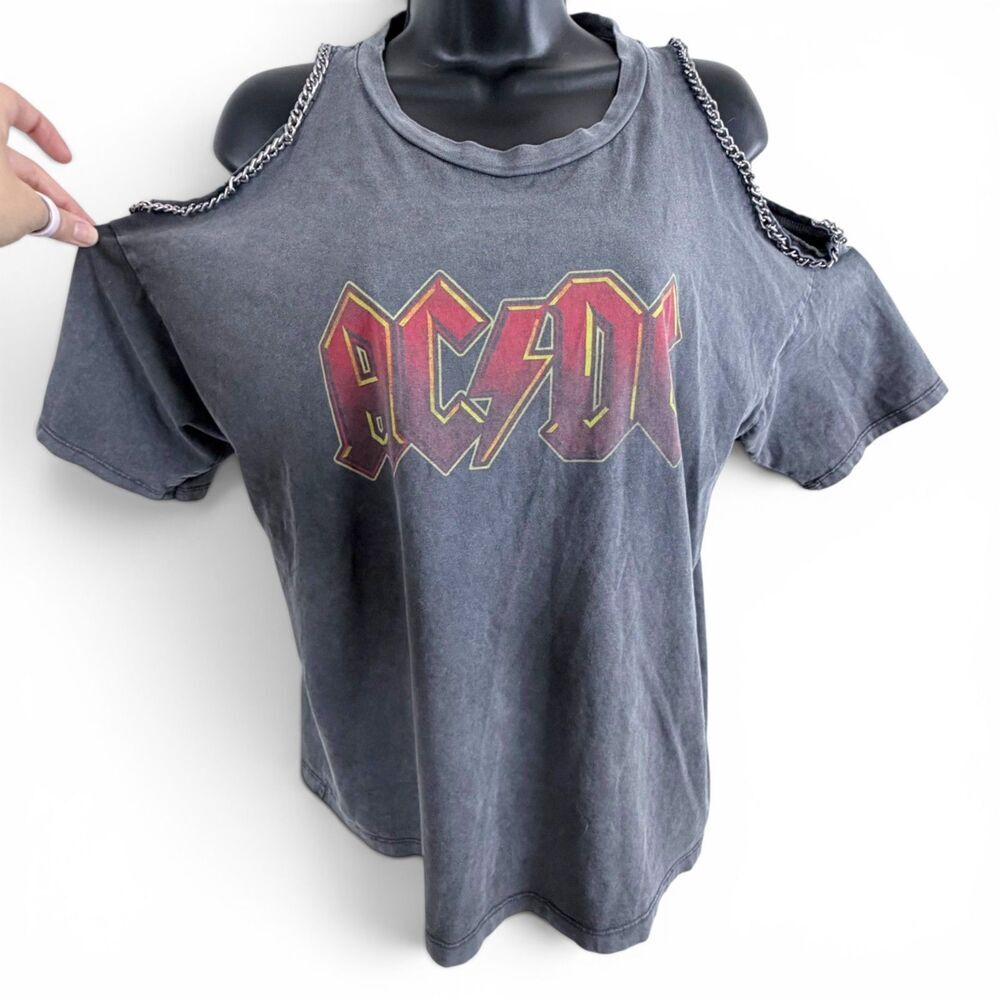 and finally ac/dc chain trim rocker 80s tour concert gray women's top 8 - Picture 1 of 8